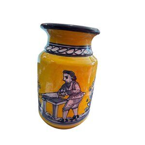 Hand-Painted VTG Yellow Ceramic Vase With Carpenter grahics SKU 7998